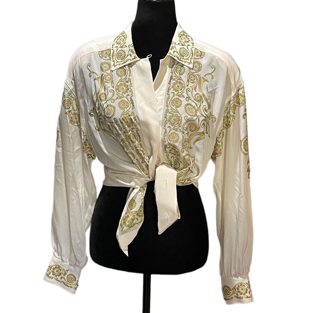 Escada Tops Vintage Silk Novelty In Ivory & Gold Blouse